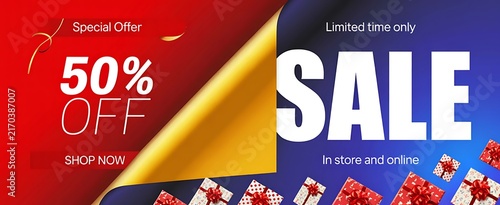 Vibrant sale banner with 50% off and gift boxes discount