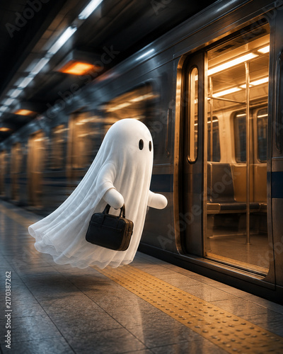 White Ghost Standing Beside an Open Subway Train Door