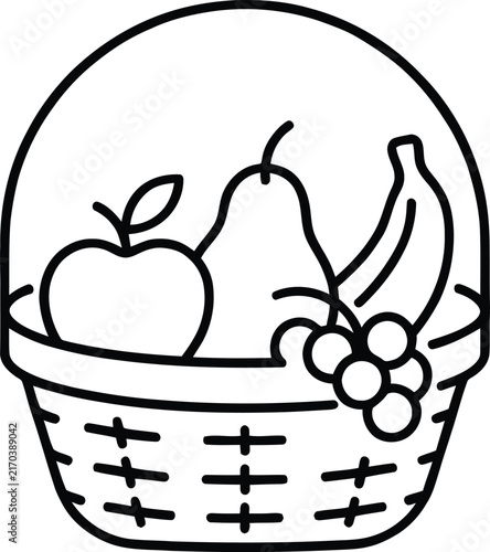 Fruit Basket Line Art Icon, Black and White Outline Vector Illustration on White Background