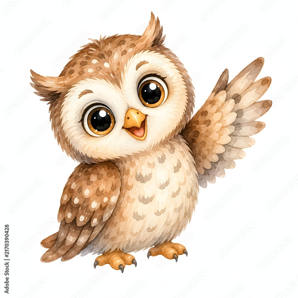 Obraz premium Adorable Baby Owl Watercolor Illustration Isolated on White Background