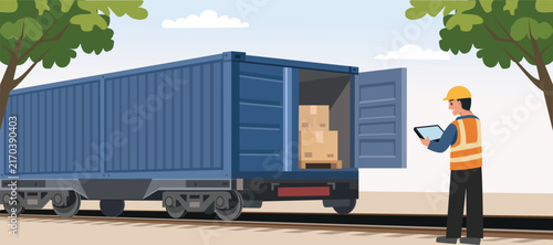 Worker Inspecting Shipping Container on Train. Freight Train Worker and Cargo Container. Logistics Worker Checking Shipping Container.