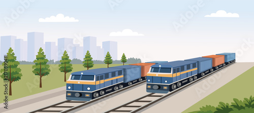 Two Trains on Parallel Tracks Illustration. Cargo Railway Transportation. Freight Trains on Parallel Railway. 