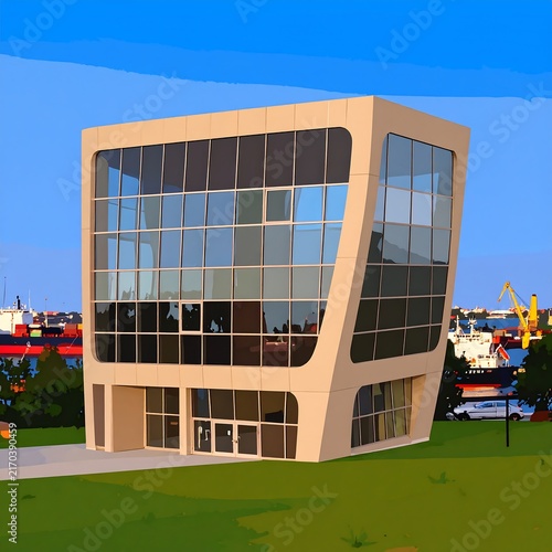 Modern office building with glass facade and green lawn.