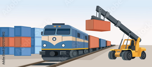 Freight Train Loading with Reach Stacker in Logistics Yard Illustration. Railway Freight Terminal with Container Handler. Cargo Train and Reach Stacker in Container Terminal.