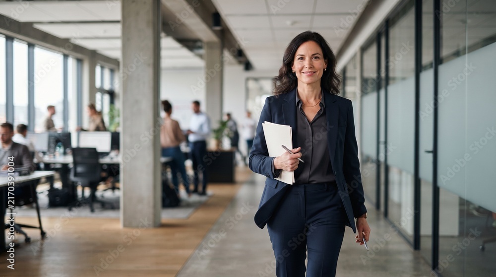 Fototapeta premium Smiling Businesswoman Walking Down Corridor Holding File Folder in Modern Corporate Building