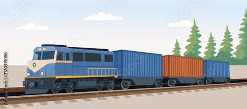 Freight Train with Shipping Containers Flat Illustration. Railway Freight Transport. Industrial Cargo Train with Containers.