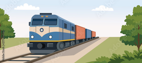 Cargo Train Moving on Tracks Illustration. Goods Transportation by Cargo Train. Cargo Train Transportation.