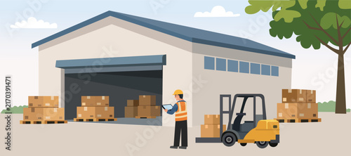Warehouse Workers Managing Inventory and Logistics Illustration. Logistics Workers Organizing Warehouse Stock. Warehouse Team Handling Inventory Management.