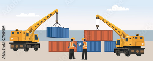 Workers and Cranes Loading Shipping Containers Illustration. Cargo Shipyard with Workers and Cranes. Container Port Workers and Crane.