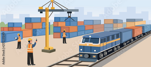 Freight Train Loading Shipping Containers in Logistics Port Illustration. Railway Logistics and Cargo Transportation Scene. People working.