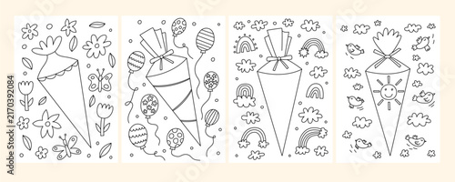 School Cone Coloring Page Set. German Candy Cone Coloring Book Kit. Outline School Start Children Collection. Back to School Vector Template for Coloring Drawing