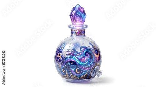 Glowing magic potion bottle with cosmic nebula liquid and crystal stopper on white background