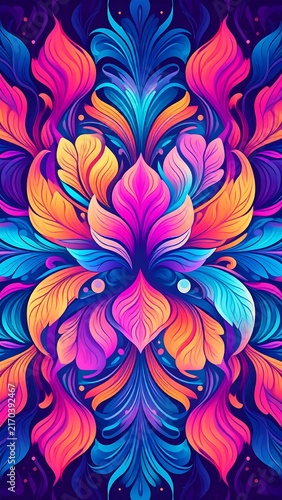 Vibrant abstract floral pattern with bright petals and leaves.
