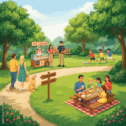 Happy families enjoying a sunny day at the local green public park