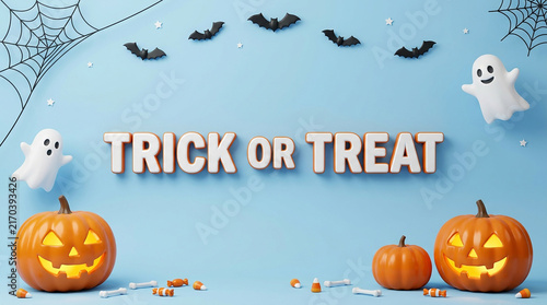 Obraz w ramie Halloween trick or treat pumpkins with bats and ghosts illustration