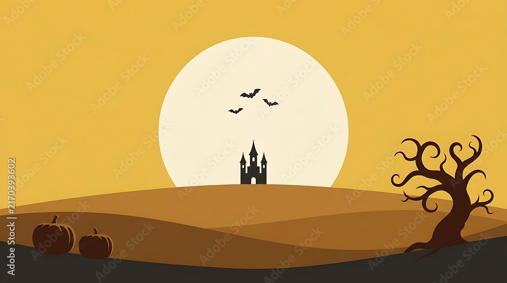 Naklejka premium Haunted castle silhouette at sunset with pumpkins and bats