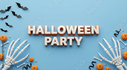 Halloween party sign with bats and pumpkins on blue background