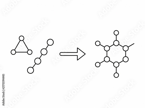 Simple molecular structures undergoing chemical transformation, illustrating bonding rearrangement presented as a clear graphic diagram on a pristine background for educational purposes.
