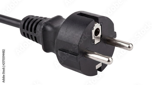 Two pin black electric power cord on a transparent background