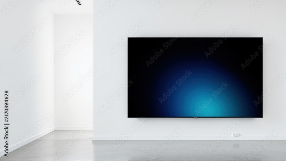 Fototapeta premium Minimalist interior features wallmounted television. Bright gradient display contrasts stark white walls, polished floor. Clean, modern aesthetic.