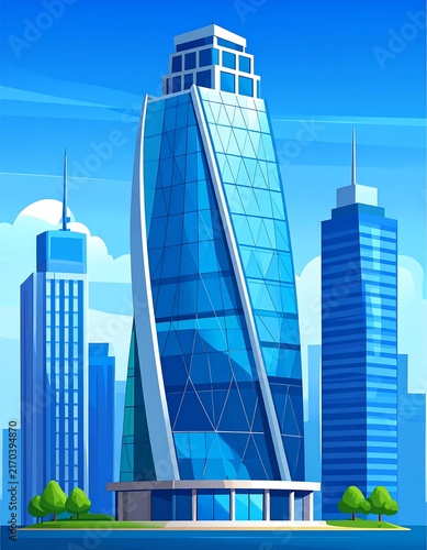 Modern glass skyscrapers reflecting clear blue sky and greenery.