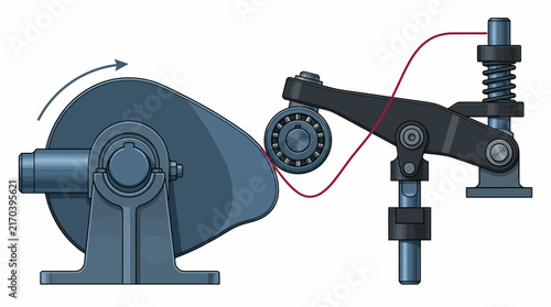 Engine valve train mechanics A detailed visual representation of a cam and roller follower mechanism in action