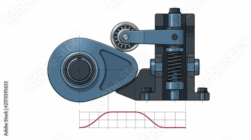 Cam and Roller Follower Mechanical Engineering Assembly Technical Drawing with Displacement Graph