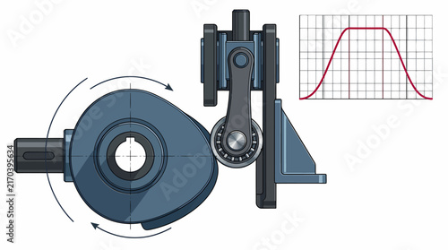 Technical Illustration of a Cam and Roller Follower Mechanism with Motion Profile Graph showing Mechanical Kinematics and Engineering Design