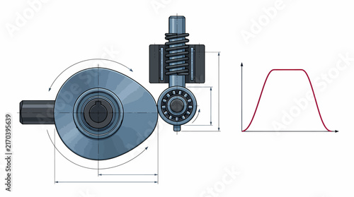 Technical Diagram of a Cam and Roller Follower Mechanism with Displacement Graph for Mechanical Engineering