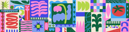 Abstract background with geometric patterns, modern shapes. Abstract pattern, collage composition with graphic shapes, spring flower, minimal curves, naive art geometry. Mosaic vector illustration