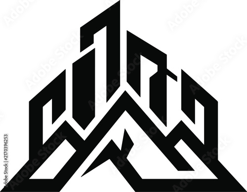 Abstract geometric real estate logo icon with corporate architecture skyscraper building silhouette emblem for financial company (16 words)