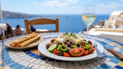 Greek salad with feta cheese, breadsticks and white wine on a mosaic table overlooking the blue sea and white buildings at Amalfi coast.