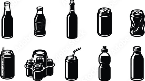 Collection of beverage containers in black silhouette style