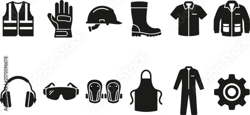Silhouettes of protective workwear and safety equipment on a white background