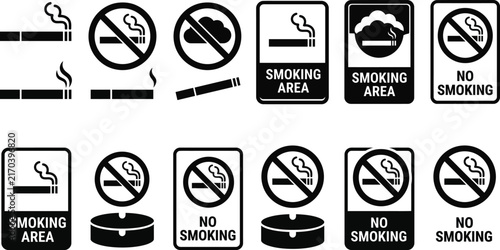 Smoking prohibition and area icons black and white vector set
