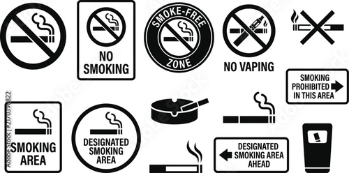 Prohibition and designation signs related to smoking and vaping black silhouettes