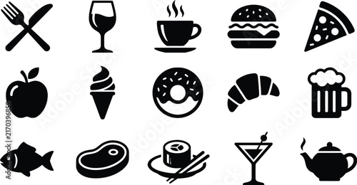 Collection of black silhouette food and drink icons on a white background