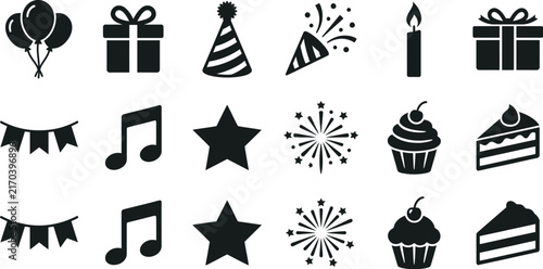 Party celebration icons set black silhouettes on a white background
