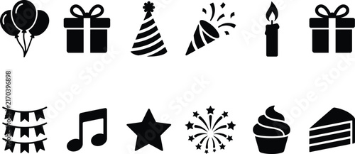 Collection of black silhouette birthday icons on a white background