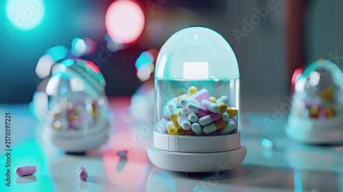 Colorful Pills in Miniature Snow Globes.