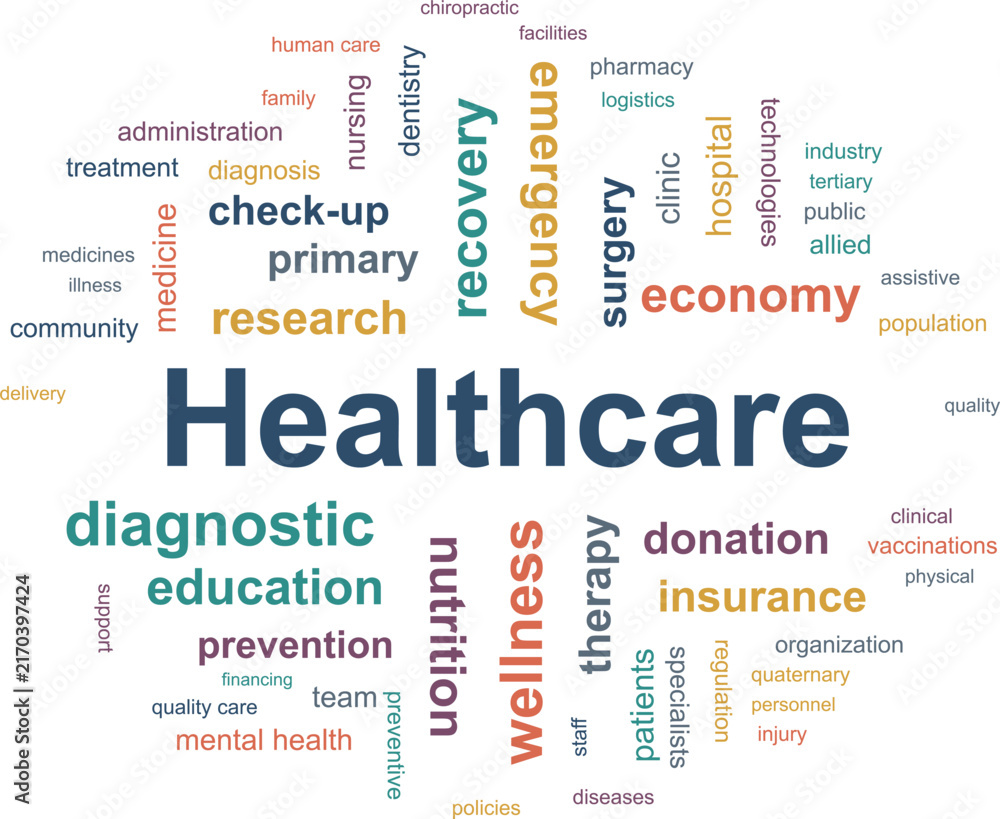Obraz premium Healthcare word cloud concept illustration, isolated on transparent background. EPS version.