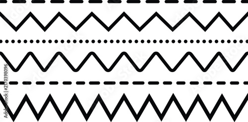 Decorative seamless zigzag divider line brush pattern set with geometric wavy dashed and dotted border vectors 
