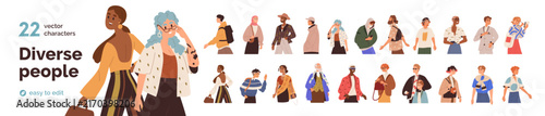 People walk, persons stroll, woman and man characters. Diverse woman and man stroll, people walking outdoors on street with smartphone, bag, backpack, glasses. Isolated flat vector illustrations set