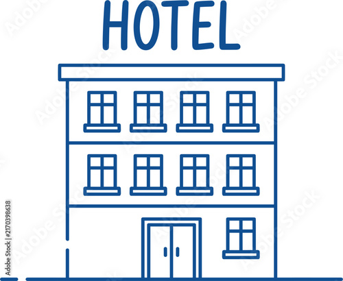 Hotel building facade blue outline vector icon with text header accommodation real estate and tourism industry element (16 words)