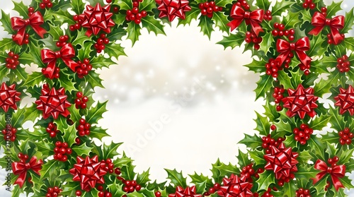 A beautiful festive christmas wreath adorned with vibrant red berries and lush green holly leaves