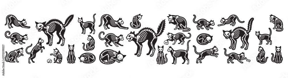 Obraz premium Seamless Black Cat Skeleton Pattern in Various Poses — Halloween Vector Icons and Repeating Background Design