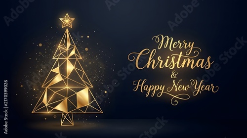 A beautifully designed christmas card featuring a golden tree and festive greetings for the new year