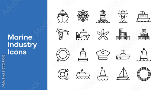 Marine industry maritime transportation line icon set with shipping cargo vessel lighthouse logistics port and nautical elements vector (16 words)