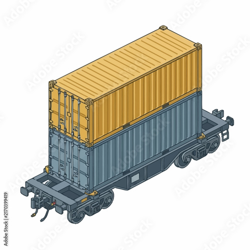 Freight train with stacked shipping containers on tracks.