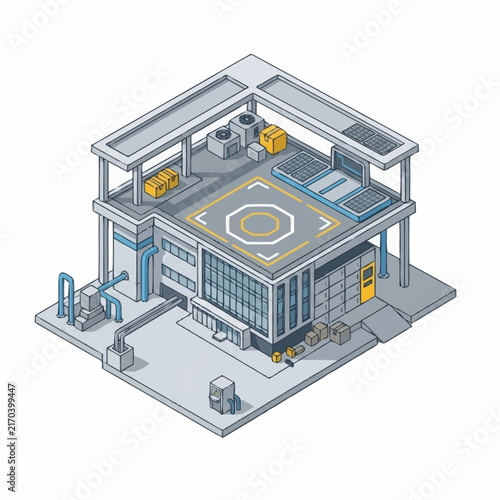 Modern Isometric Industrial Factory Building with Machinery.